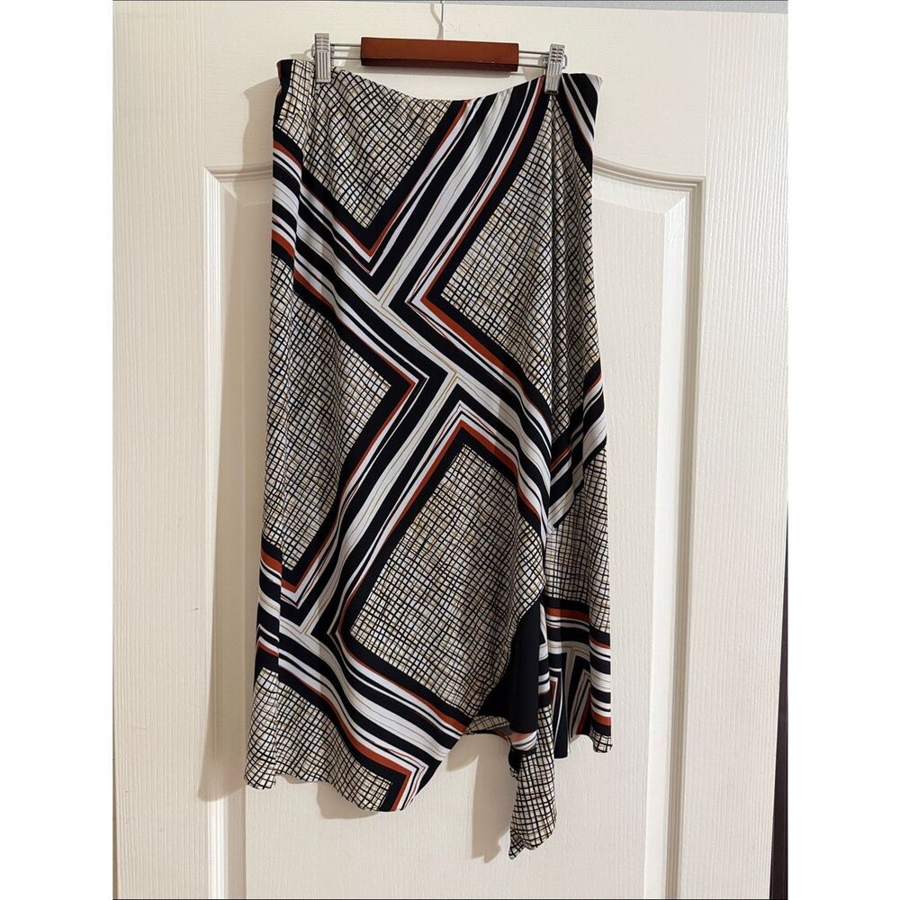 Vintage Donna Karan Asymmetric Geometric Print Midi Skirt - Black, White & Rust